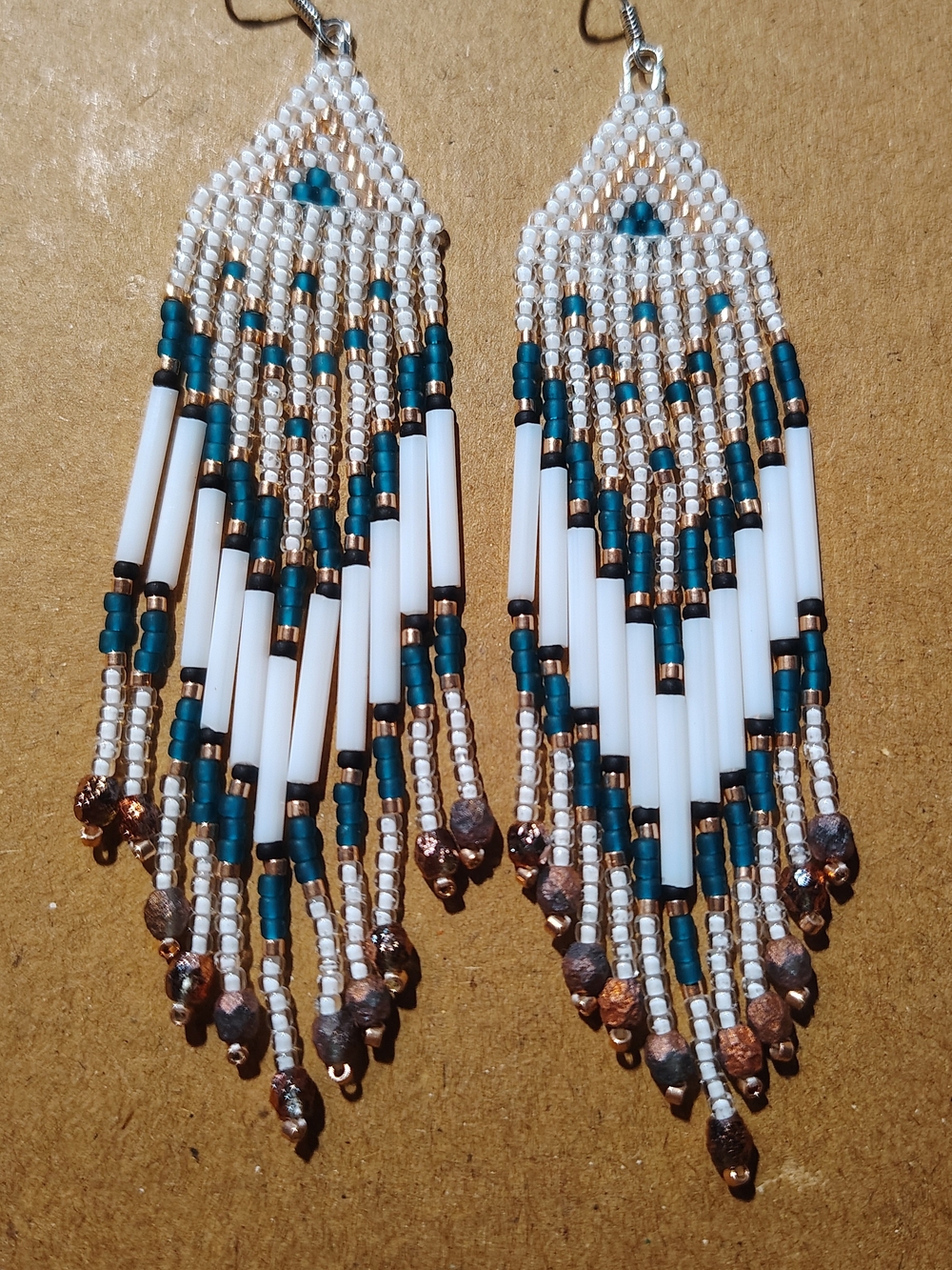 Handcrafted Teal and White Beaded Fringe Earrings